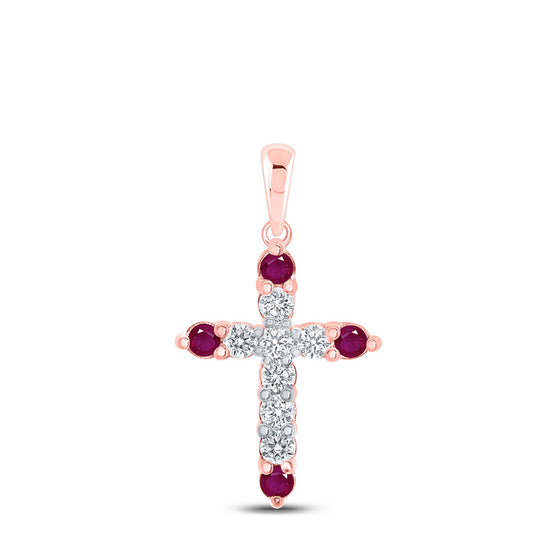 10k Rose Gold Womens Round Ruby Diamond Cross Pendant 1/2 Cttw