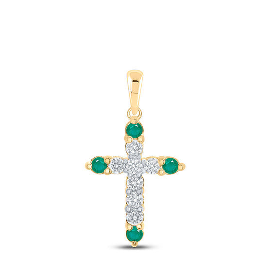 10k Yellow Gold Womens Round Emerald Diamond Cross Pendant 3/8 Cttw