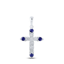  10k White Gold Womens Round Blue Sapphire Diamond Cross Pendant 1/2 Cttw