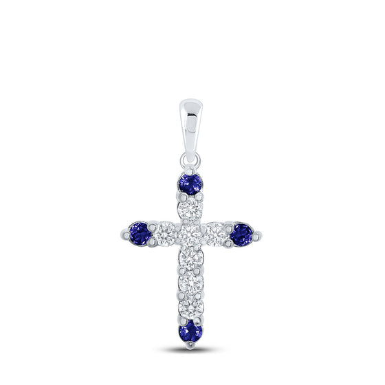 10k White Gold Womens Round Blue Sapphire Diamond Cross Pendant 1/2 Cttw