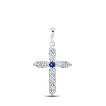  10k White Gold Womens Round Blue Sapphire Diamond Cross Pendant 1/2 Cttw