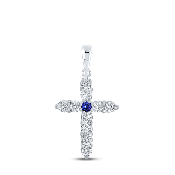 10k White Gold Womens Round Blue Sapphire Diamond Cross Pendant 1/2 Cttw