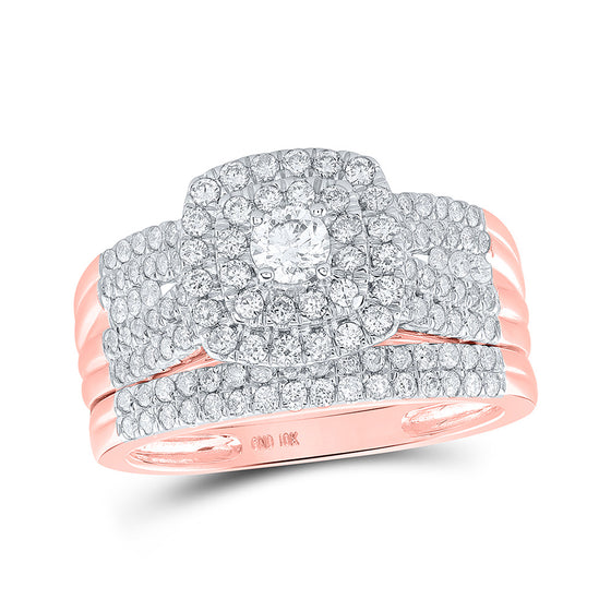 10k Rose Gold Round Diamond Square Bridal Wedding Ring Band Set 1 Cttw