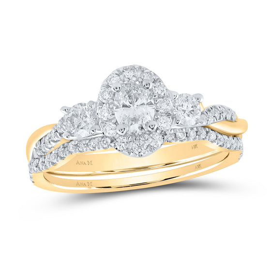 14k Yellow Gold Oval Diamond Halo Bridal Wedding Ring Band Set 3/4 Cttw