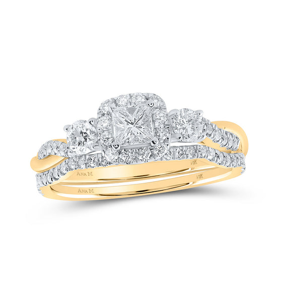 14k Yellow Gold Princess Diamond Halo Bridal Wedding Ring Band Set 3/4 Cttw