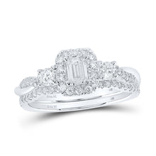  14k White Gold Emerald Diamond Halo Bridal Wedding Ring Band Set 3/4 Cttw