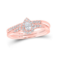  10k Rose Gold Pear Diamond Halo Bridal Wedding Ring Band Set 1/3 Cttw