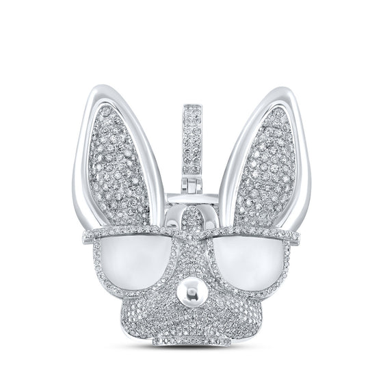 10k White Gold Mens Round Diamond French Bulldog Glasses Charm Pendant 6 Cttw