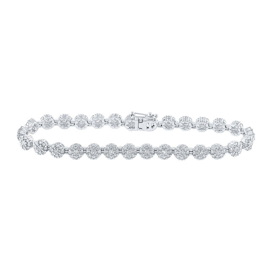 10k White Gold Womens Round Diamond Flower Cluster Link Bracelet 3-7/8 Cttw