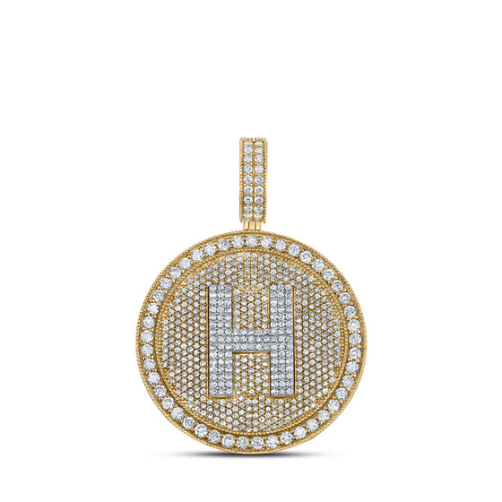 10k Two-tone Gold Mens Round Diamond Letter H Circle Charm Pendant 3-3/4 Cttw