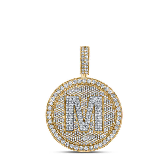 10k Two-tone Gold Mens Round Diamond Letter M Circle Charm Pendant 3-5/8 Cttw