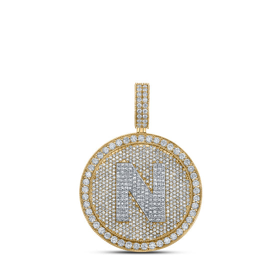 10k Two-tone Gold Mens Round Diamond Letter N Circle Charm Pendant 3-7/8 Cttw