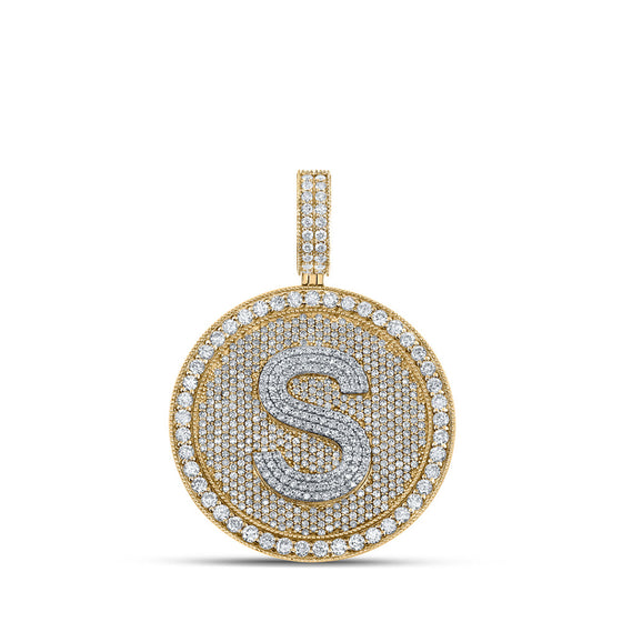 10k Two-tone Gold Mens Round Diamond Letter S Circle Charm Pendant 3-3/4 Cttw