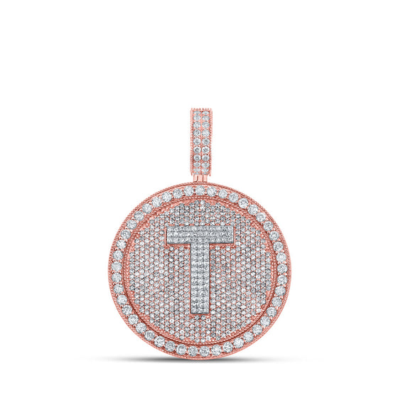 10k Two-tone Gold Mens Round Diamond T Initial Letter Charm Pendant 3-7/8 Cttw