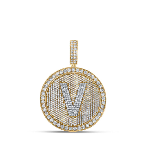 10k Two-tone Gold Mens Round Diamond V Initial Letter Charm Pendant 3-3/4 Cttw