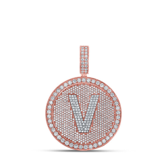 10k Two-tone Gold Mens Round Diamond V Initial Letter Charm Pendant 3-3/4 Cttw
