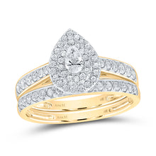  14k Yellow Gold Pear Diamond Halo Bridal Wedding Ring Band Set 3/4 Cttw