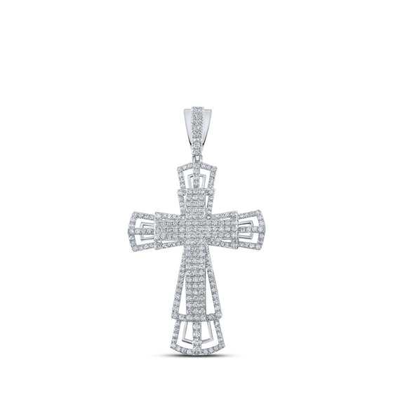 10k White Gold Mens Round Diamond Cross Charm Pendant 2-1/3 Cttw