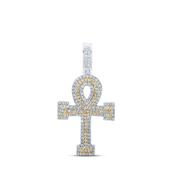 10k Two-tone Gold Mens Round Diamond Ankh Cross Charm Pendant 1/2 Cttw