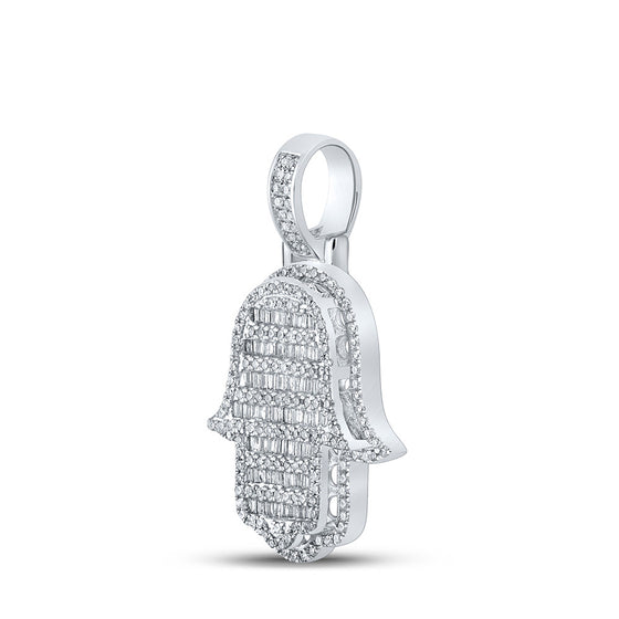 10k White Gold Mens Baguette Diamond Hamsa Charm Pendant 7/8 Cttw