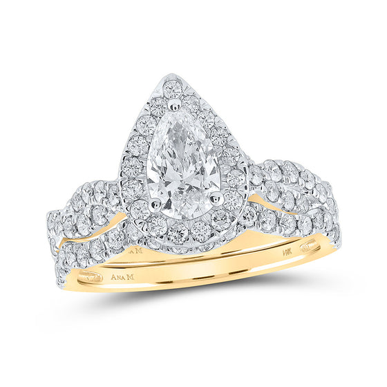 14k Yellow Gold Pear Diamond Halo Bridal Wedding Ring Band Set 1-1/2 Cttw