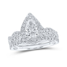  14k White Gold Pear Diamond Halo Bridal Wedding Ring Band Set 1-1/2 Cttw