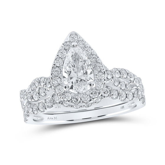 14k White Gold Pear Diamond Halo Bridal Wedding Ring Band Set 1-1/2 Cttw