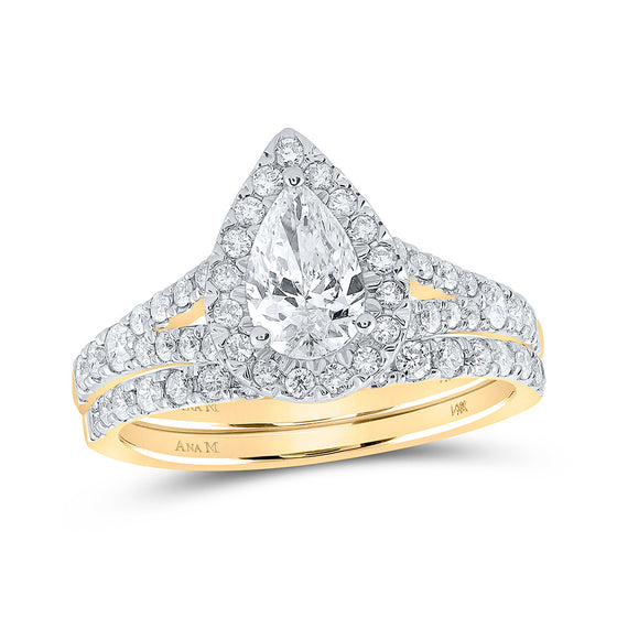 14k Yellow Gold Pear Diamond Halo Bridal Wedding Ring Band Set 1-1/2 Cttw