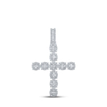  10k White Gold Mens Baguette Diamond Cross Charm Pendant 1-7/8 Cttw