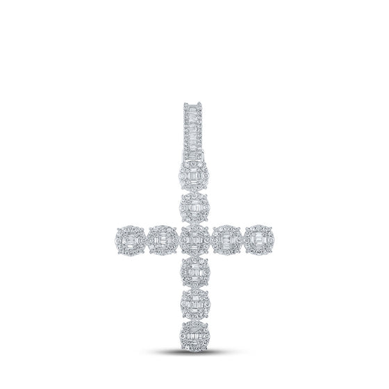 10k White Gold Mens Baguette Diamond Cross Charm Pendant 1-7/8 Cttw
