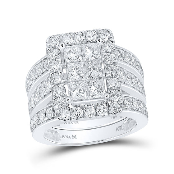14k White Gold Princess Diamond Halo Bridal Wedding Ring Band Set 3-1/2 Cttw