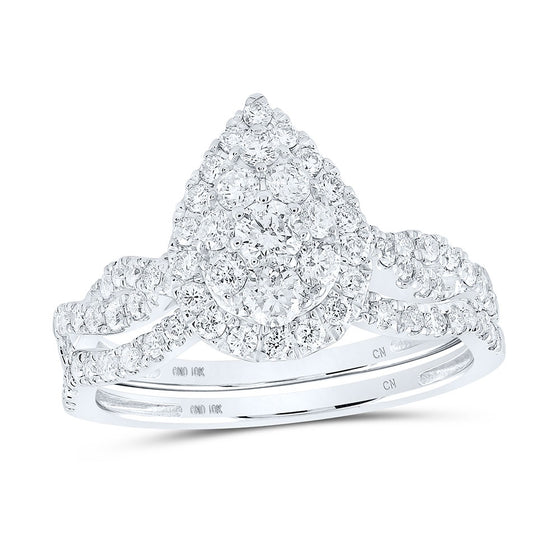 10k White Gold Round Diamond Teardrop Bridal Wedding Ring Band Set 1 Cttw