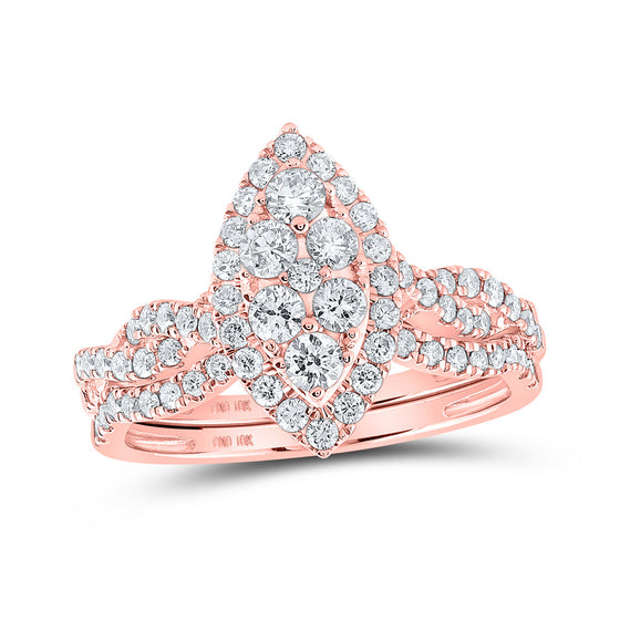 10k Rose Gold Round Diamond Marquise-shape Bridal Wedding Ring Band Set 1 Cttw