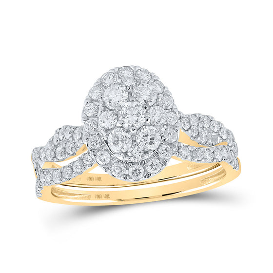 10k Yellow Gold Round Diamond Oval Cluster Bridal Wedding Ring Band Set 1-1/2 Cttw