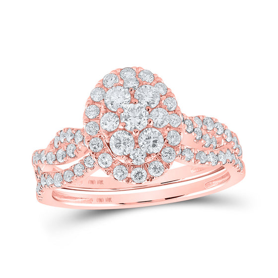 10k Rose Gold Round Diamond Oval Cluster Bridal Wedding Ring Band Set 1-1/2 Cttw