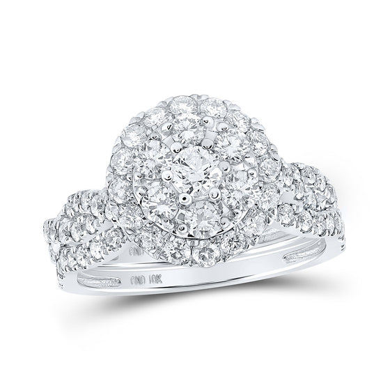 10k White Gold Round Diamond Cluster Bridal Wedding Ring Band Set 1-1/2 Cttw