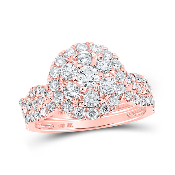 10k Rose Gold Round Diamond Double Halo Bridal Wedding Ring Band Set 1-1/2 Cttw