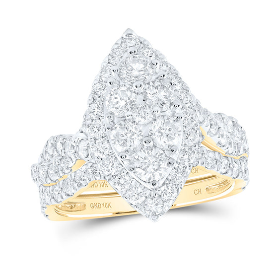 10k Yellow Gold Round Diamond Marquise-shape Bridal Wedding Ring Band Set 2 Cttw