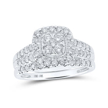  10k White Gold Round Diamond Square Cluster Bridal Wedding Ring Band Set 1 Cttw