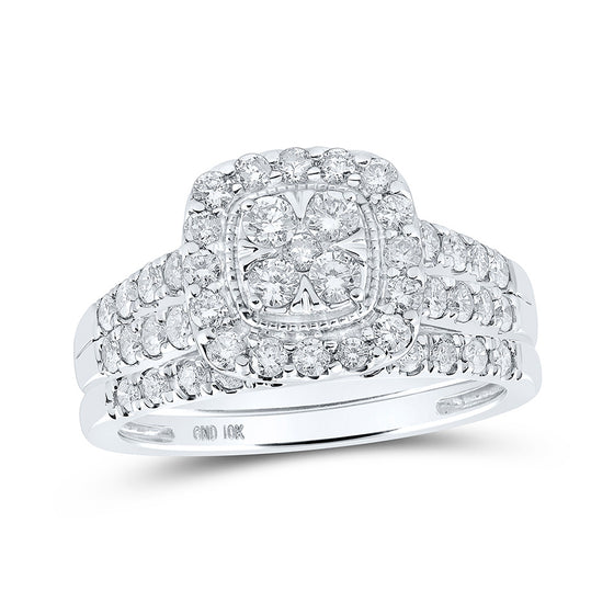 10k White Gold Round Diamond Square Cluster Bridal Wedding Ring Band Set 1 Cttw