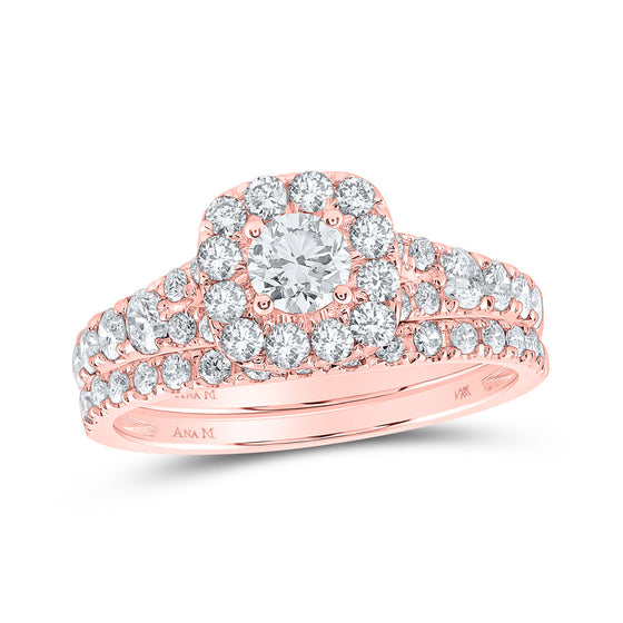 14k Rose Gold Round Diamond Halo Bridal Wedding Ring Band Set 1-1/2 Cttw