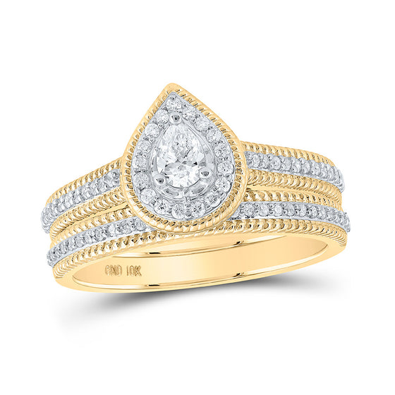 10k Yellow Gold Pear Diamond Halo Bridal Wedding Ring Band Set 1/2 Cttw