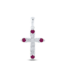  10k White Gold Womens Round Ruby Diamond Cross Pendant 1-1/5 Cttw