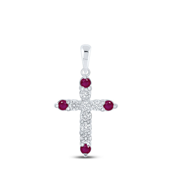 10k White Gold Womens Round Ruby Diamond Cross Pendant 1-1/5 Cttw