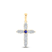  10k Yellow Gold Womens Round Blue Sapphire Diamond Cross Pendant 1/5 Cttw