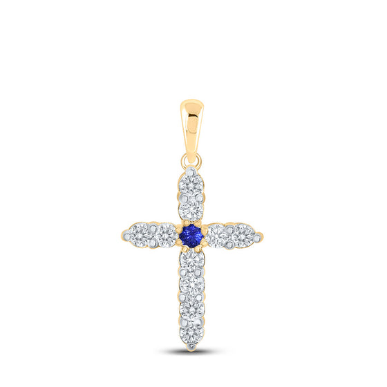 10k Yellow Gold Womens Round Blue Sapphire Diamond Cross Pendant 1/5 Cttw