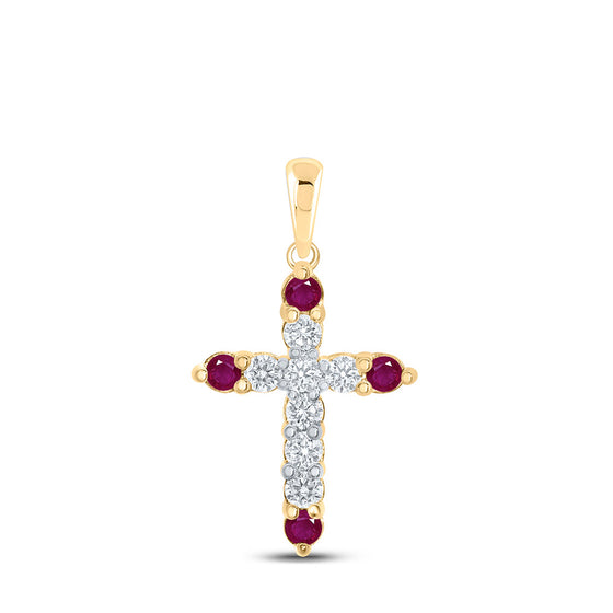 10k Yellow Gold Womens Round Ruby Diamond Cross Pendant 1/4 Cttw