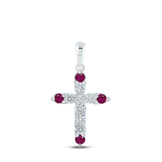 10k White Gold Womens Round Ruby Diamond Cross Pendant 1/2 Cttw
