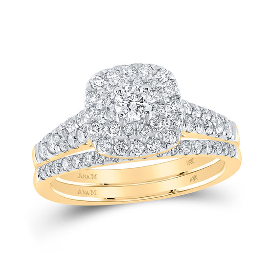 14k Yellow Gold Round Diamond Halo Bridal Wedding Ring Band Set 1 Cttw