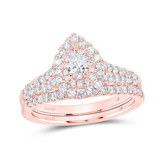 14k Rose Gold Pear Diamond Halo Bridal Wedding Ring Band Set 1 Cttw
